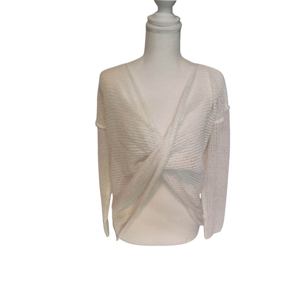 White Open Knit Twist Front Crochet Sweater V-Neck Long Sleeve Boho Pullover